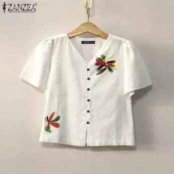 ZANZEA Женская летняя повседневная блузка с v-образным вырезом и короткими рукавами с принтом 4XL белый