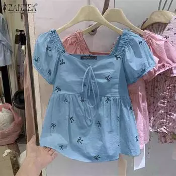 ZANZEA Женская летняя повседневная блузка с V-образным вырезом и коротким рукавом с принтом 4XL розовый