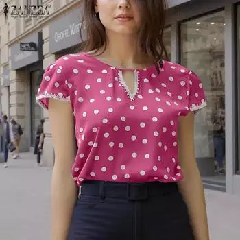 ZANZEA Женская летняя повседневная блузка с V-образным вырезом и коротким рукавом в горошек S темно-синий