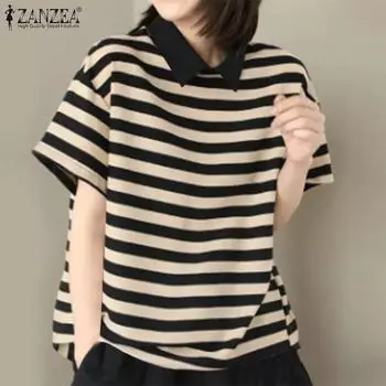 ZANZEA Женская летняя повседневная блузка в полоску с отложным воротником и короткими рукавами M коричневый