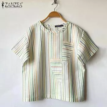 ZANZEA Женская летняя повседневная блузка в полоску с круглым вырезом и коротким рукавом S