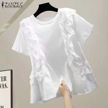 ZANZEA Женская летняя повседневная футболка с круглым вырезом и коротким рукавом с кружевной отделкой