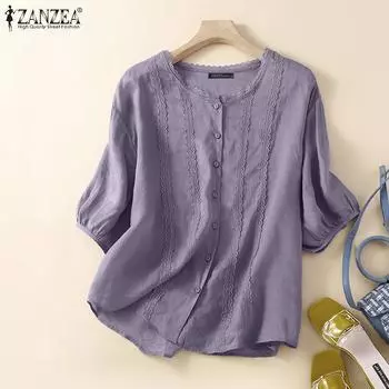 ZANZEA Женская летняя повседневная хлопковая блузка с круглым вырезом и рукавами 3/4, топы