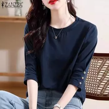 ZANZEA женская летняя повседневная однотонная футболка с круглым вырезом и короткими рукавами, украшение на талии 4XL темно-синий