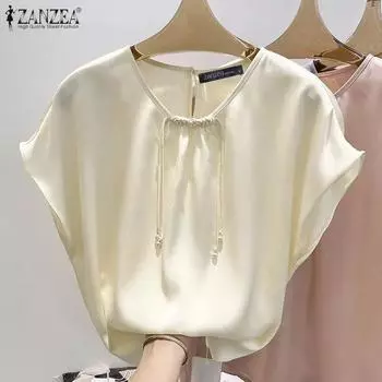 ZANZEA женская летняя повседневная однотонная свободная блузка Т-образной формы с v-образным вырезом реглан, короткими рукавами и пуговицами на шнурке S розовый