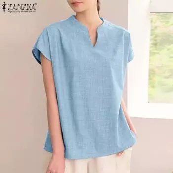 ZANZEA женская летняя повседневная однотонная свободная блузка с v-образным вырезом и короткими рукавами