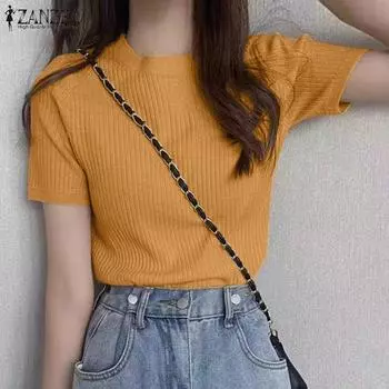 ZANZEA Женская летняя повседневная однотонная свободная блузка с круглым вырезом и коротким рукавом в полоску XL жёлтый