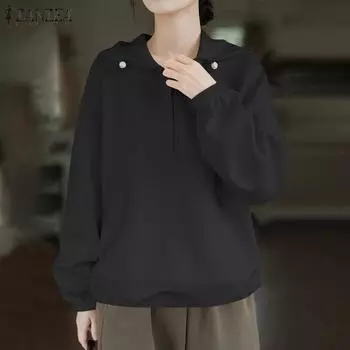 ZANZEA женская летняя повседневная однотонная свободная толстовка с капюшоном и длинными рукавами на молнии L синий