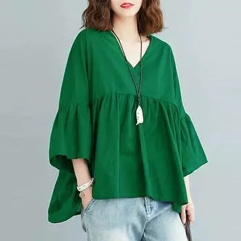 ZANZEA женская летняя повседневная плиссированная однотонная свободная блузка трапециевидной формы с v-образным вырезом и рукавами 3/4 5XL