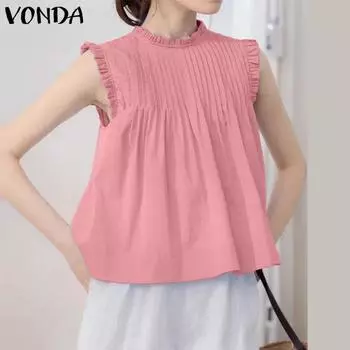 ZANZEA женская летняя повседневная плиссированная однотонная свободная блузка без рукавов с воротником-стойкой