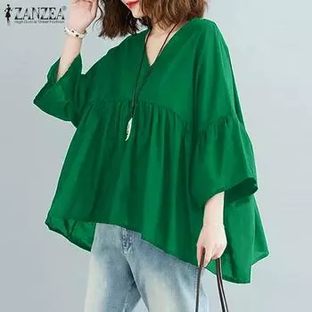 ZANZEA женская летняя повседневная плиссированная однотонная свободная блузка трапециевидной формы с v-образным вырезом и рукавами 3/4 5XL зелёный