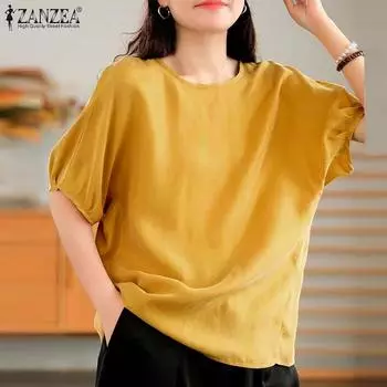 ZANZEA Женская летняя повседневная плиссированная однотонная Свободная блузка с круглым вырезом и половиной рукавов XL жёлтый