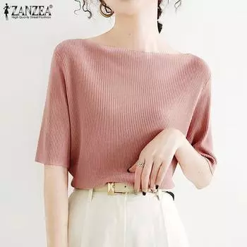 ZANZEA женская летняя повседневная полосатая прямая однотонная свободная футболка с короткими рукавами и воротником-лодочкой 5XL хаки