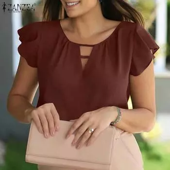 ZANZEA женская летняя повседневная прямая однотонная свободная блузка с круглым вырезом и листом лотоса с короткими рукавами S коричневый