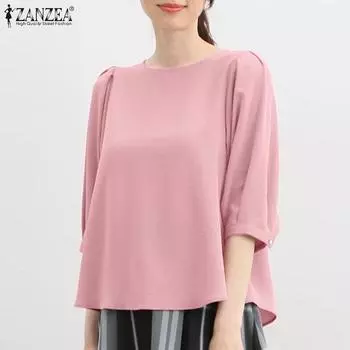 ZANZEA женская летняя повседневная прямая однотонная свободная блузка с круглым вырезом и рукавами 3/4