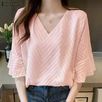 ZANZEA женская летняя повседневная прямая однотонная свободная блузка с v-образным вырезом и рюшами и половиной рукавов 4XL чёрный