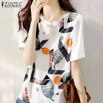 ZANZEA женская летняя повседневная прямая свободная блузка с круглым вырезом и короткими рукавами с принтом S розовый
