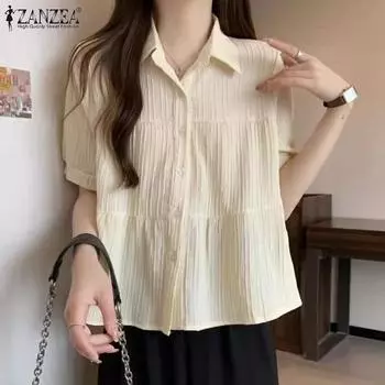 ZANZEA женская летняя повседневная рубашка с воротником и короткими рукавами, плиссированная однотонная свободная прямая рубашка 4XL оранжевый