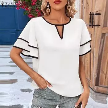 ZANZEA женская летняя повседневная Свободная блузка с круглым вырезом и рюшами, двухслойная, с короткими рукавами, однотонная S розовый