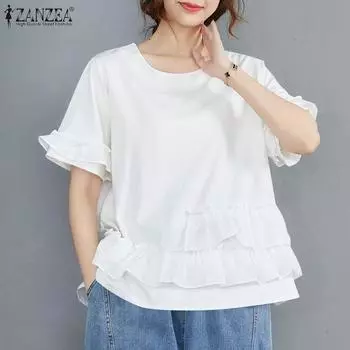 ZANZEA Женская летняя повседневная свободная блузка с круглым вырезом и короткими рукавами и оборками по краю S чёрный