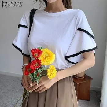 ZANZEA женская летняя повседневная свободная блузка с круглым вырезом и заниженными плечами, двухслойная, с короткими рукавами, контрастного цвета XL белый