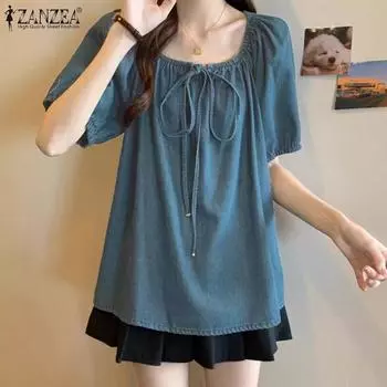 ZANZEA Женская летняя повседневная свободная блузка трапециевидной формы с коротким рукавом и вырезом лодочкой XL чёрный