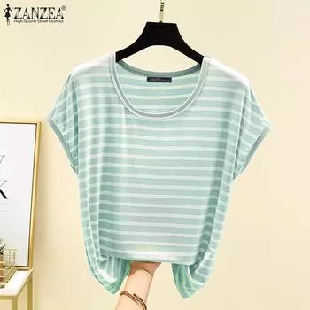 ZANZEA Женская летняя повседневная свободная блузка в полоску с круглым вырезом и короткими рукавами M