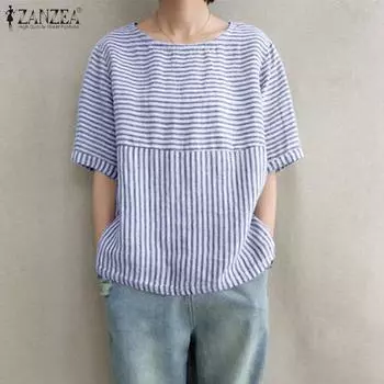 ZANZEA Женская летняя повседневная свободная полосатая блузка с круглым вырезом и половиной рукавов M синий