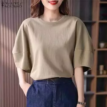 ZANZEA женская летняя повседневная свободная прямая блузка с круглым вырезом и короткими рукавами 5XL хаки