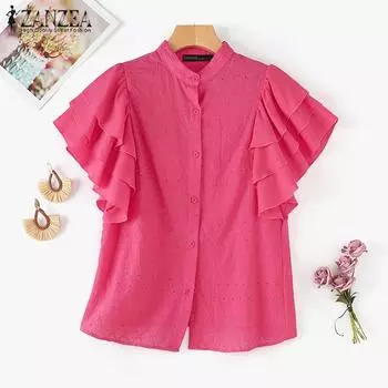 ZANZEA Женская летняя рубашка с воротником, многослойными оборками и короткими рукавами, кружевные рубашки 4XL чёрный