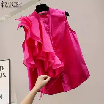 ZANZEA женская летняя свободная блузка без рукавов с круглым вырезом и пуговицами, однотонная 3XL белый