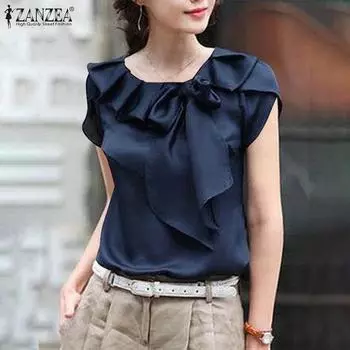 ZANZEA женская летняя свободная блузка с круглым вырезом и короткими рукавами, плиссированная, с бантом, однотонная 5XL темно-синий