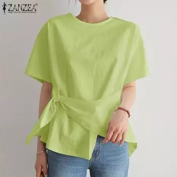 ZANZEA женская летняя свободная блузка с круглым вырезом и короткими рукавами, нерегулярный дизайн, подол