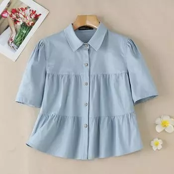 ZANZEA Женская летняя свободная блузка с отложным воротником и коротким рукавом S светло-синий