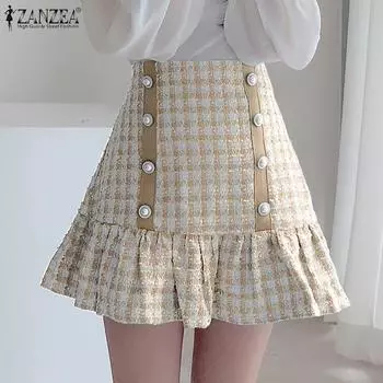 ZANZEA Женская летняя свободная маленькая короткая юбка на пуговицах с оборками по краю