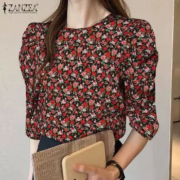 ZANZEA женская летняя свободная однотонная блузка с круглым вырезом и короткими рукавами с принтом S хаки