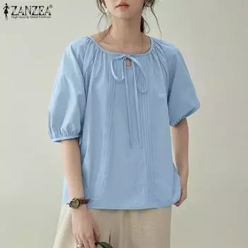 ZANZEA Женская летняя свободная повседневная блузка с круглым вырезом и коротким рукавом 5XL синий