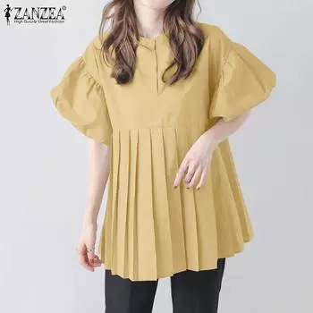 ZANZEA Женская летняя свободная повседневная блузка с воротником-стойкой и коротким рукавом S чёрный