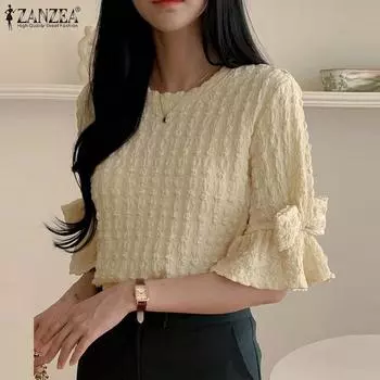 ZANZEA Женская летняя свободная повседневная блузка с рукавом 3/4 и круглым вырезом S бежевый