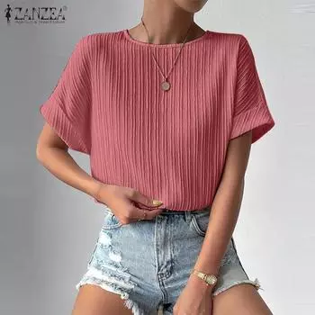 ZANZEA женская летняя свободная прямая блузка с круглым вырезом и короткими рукавами