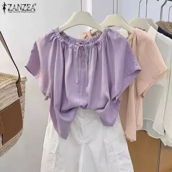 ZANZEA женская летняя свободная прямая блузка с круглым вырезом и короткими рукавами на бретельках
