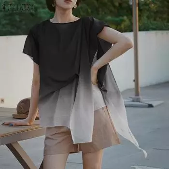 ZANZEA Женская летняя тонкая шаль с круглым вырезом и широкими плечами без рукавов с градиентным принтом S чёрный