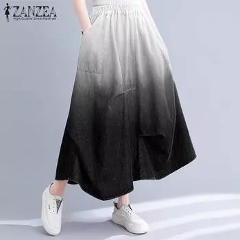 ZANZEA Женская мода эластичный пояс градиент карман юбки А-силуэта 3XL синий