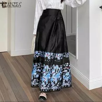 ZANZEA Женская мода эластичный пояс с принтом юбки А-силуэта S синий