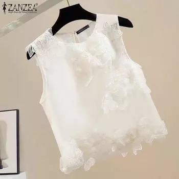 ZANZEA Женская мода Круглый вырез без рукавов Цветочный принт Майки 4XL белый