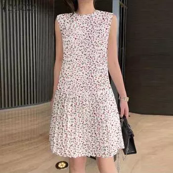 ZANZEA Женская мода Круглый вырез без рукавов Цветочный принт А-силуэта платья S белый