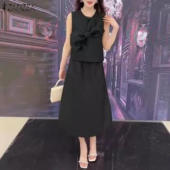 ZANZEA Женская мода круглый вырез без рукавов галстук однотонный топ трапециевидной юбки комплекты S чёрный