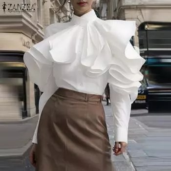 ZANZEA Женская мода Круглый вырез Длинные рукава Оборки Свободные рубашки S белый