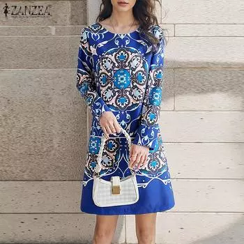 ZANZEA Женская мода круглый вырез длинный рукав цветочный принт А-силуэт платья S синий