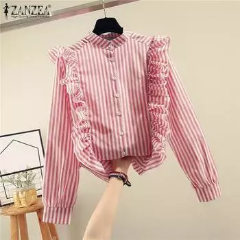 ZANZEA Женская мода Круглый вырез Длинный рукав Контрастные полосы Оборки Рубашки 4XL красный